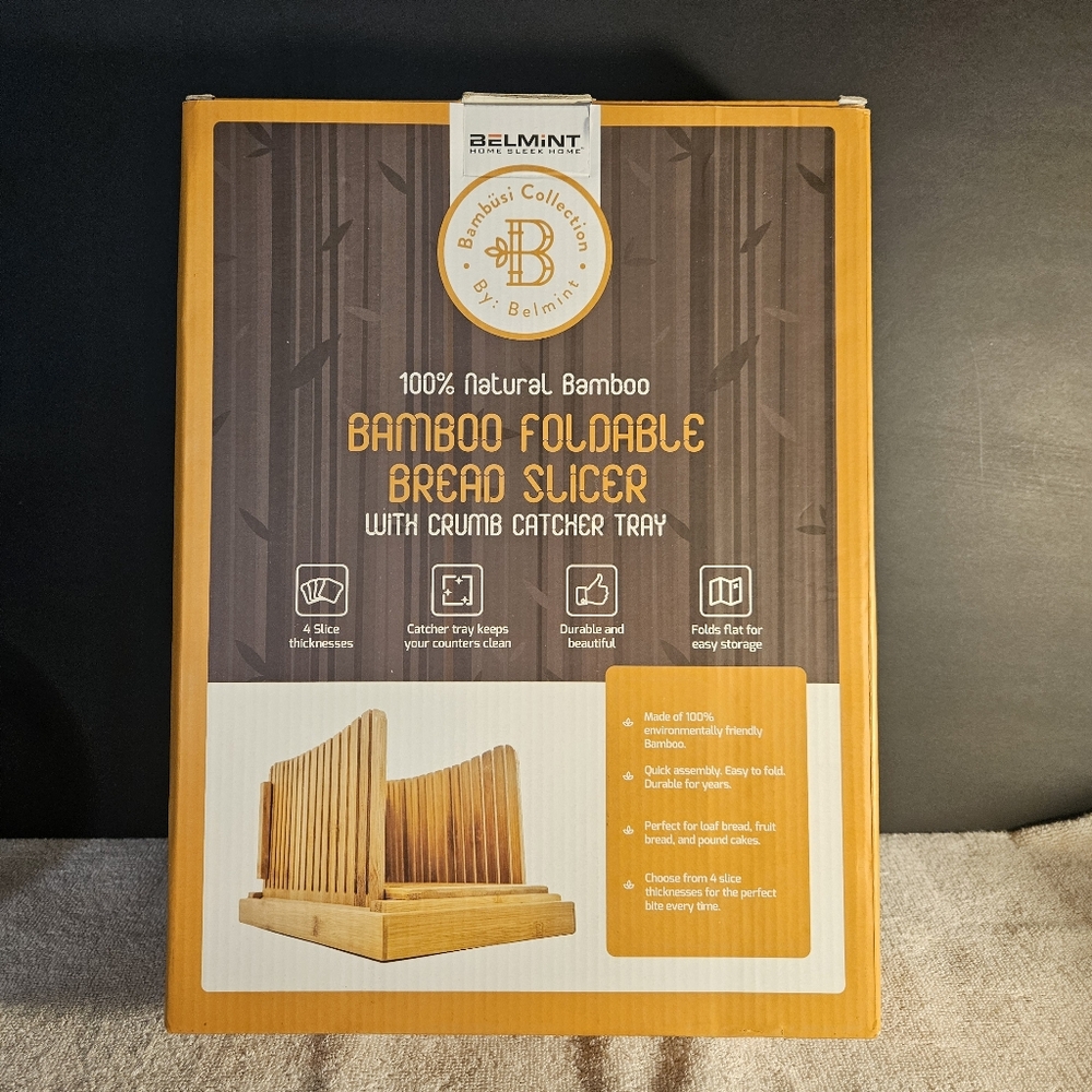 Belmint Bambusi Natural Bamboo Bread Slicer With Crumb Catcher Tray Foldable